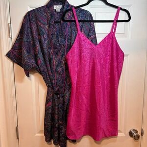JO Intimates VTG 90s L Robe Chemise Set Hot Pink Navy Blue Paisley Satin Short